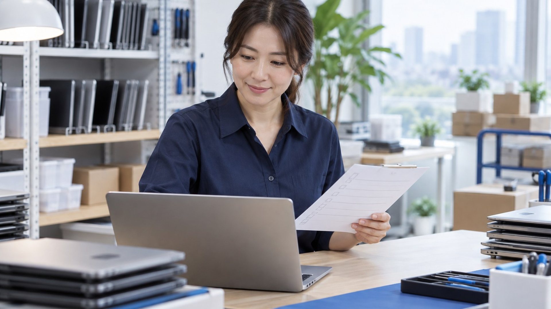 소규모 호텔 PG단말기 · 여성이 노트북과 서류를 보며 정리하는 장면(연출 사진)